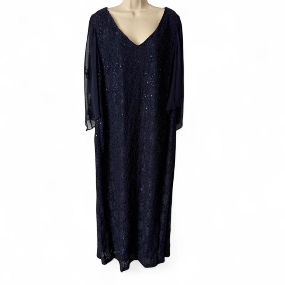 Navy‎ Sequin Sheer Sleeve Lace Gown